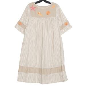 Bechamel Dress Cottage Boho Coastal Beachy Nautical Folk Embroidered Tan Medium